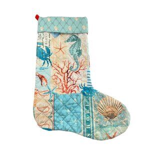 Christmas Stocking Quilted Coastal Beach  Ocean Nautical Seahorse Shells